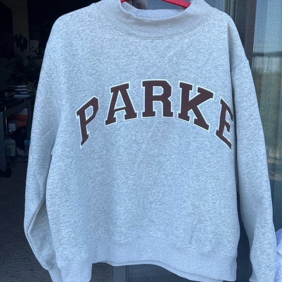 Parke Sweaters - SOLD OUT PARKE VARSITY MOCK NECK LIGHT GREY AND BROWN LOGO PATCH SWEATSHIRT L/XL